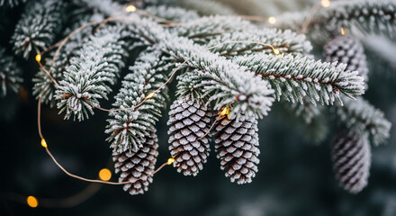 Close-up of a snowy fir branch with pinecone, decorated with string lights, suggesting winter, festive, and holiday atmosphere for Christmas concepts