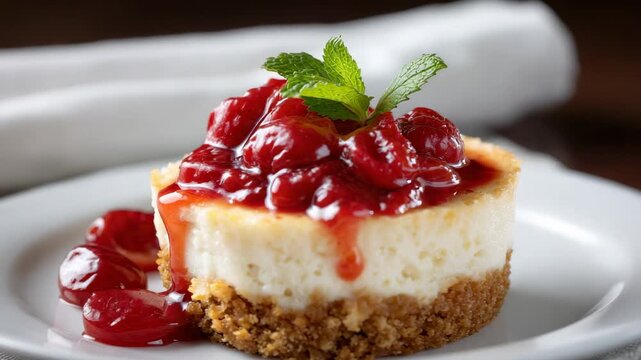 A single serving cheesecake with cherry topping and mint garnish on a white plate
