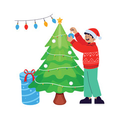 Festive illustration of a man hanging colorful lights on a Christmas tree