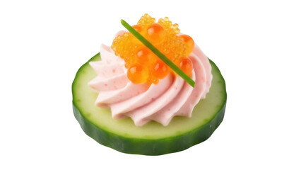 Cucumber canapé isolated PNG on transparent background, appetizer with cream cheese and salmon roe for party food and catering