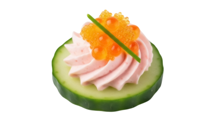 Cucumber canapé isolated PNG on transparent background, appetizer with cream cheese and salmon roe for party food and catering