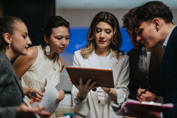 A diverse group of coworkers reviews a tablet in a modern office, sharing notes and documents. They collaborate, brainstorm, and focus on planning and coordinating projects as a team.