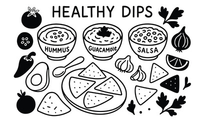 Healthy dips like hummus, guacamole, and salsa are presented with chips.