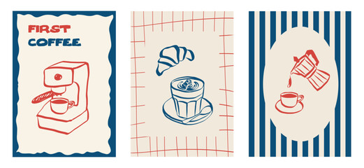 Whimsical cafe doodles featuring coffee cups and breakfast items. Sketch style icons including latte, espresso and cappuccino. Ideal for menu design, branding or retro posters. Vector illustration