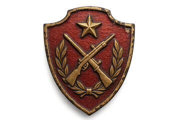 Obraz premium Red military shield on transparent background, with rifles and star.
