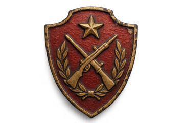 Red military shield on transparent background, with rifles and star.