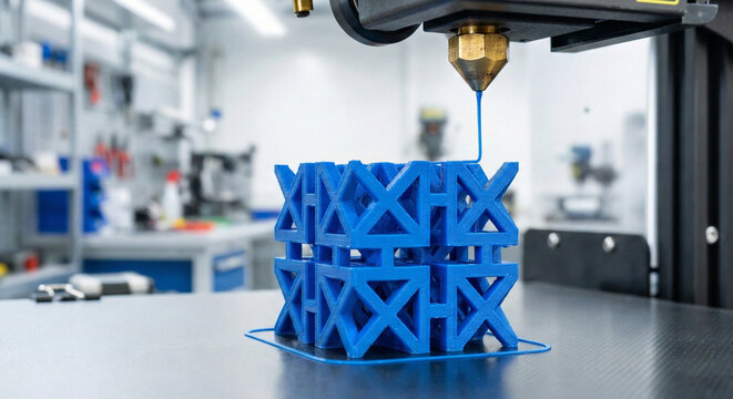 Impresora 3D extruyendo filamento y fabricando pieza azul en laboratorio