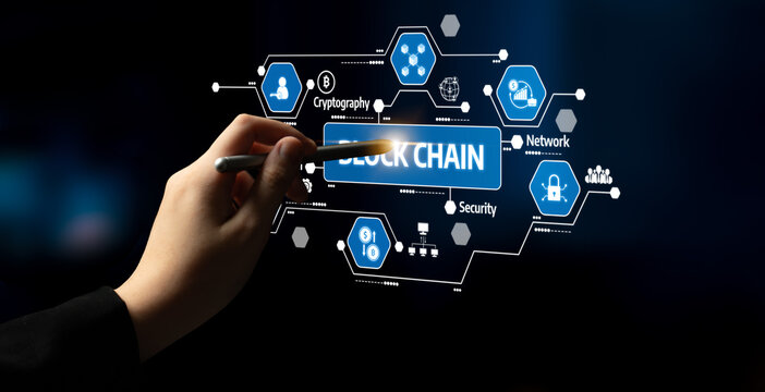 A hand engages with a futuristic blockchain interface showcasing key elements of technology, security, cryptocurrency, and digital networks through interactive graphics. Tessel - Powered by Adobe