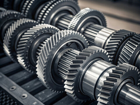 Extreme macro close-up, high-angle view, capturing a highly detailed and dense arrangement of multiple helical gears and spline shafts from an industrial gearbox