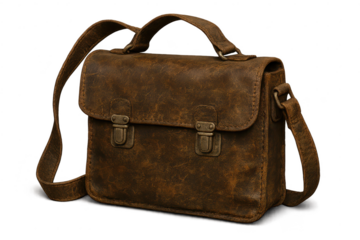 Vintage Brown Leather Satchel Bag isolated on transparent background.