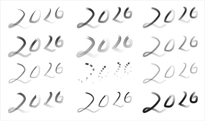Set of hand-drawn 2026 typography in bold minimalist style. A collection of icons lettering for New Year designs. Organic, calligraphic numbers for calendars and posters. Illustrations for holiday. © Vinay