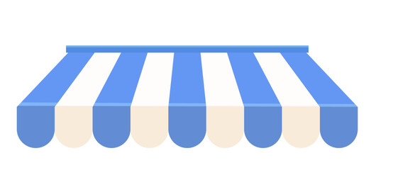 Awning tent canopy striped roof blue and white, sunshade. Cafe, shop or restaurant front view curtain. Rain protection awning for franchise stores