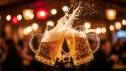 Two beer mugs clinking with a splash in a lively bar setting.