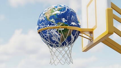 Earth as a basketball in a hoop, symbolizing global sports and competition