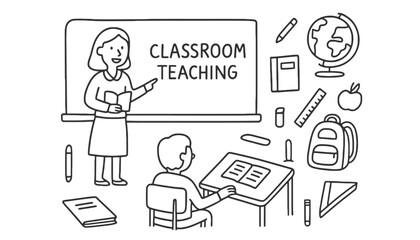 A teacher instructs a student in a classroom setting with educational materials.