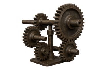 Intricate Gear System on transparent background, metalwork sculpture.