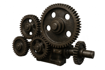 Complex Gear System Mechanism on a transparent background, close-up