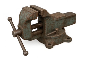 Old and Rusty Bench Vise on a transparent background for digital use.
