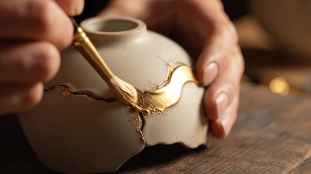Skilled hands repairing broken vase with gold paint