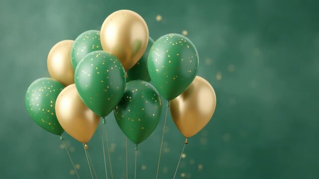 Green and Gold Balloons with Sparkling Confetti on a Soft Background Perfect for Celebrations and Festive Events 4k video footage