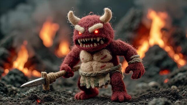 Fierce Red Demon with Glowing Eyes and Weapon in Fiery Landscape.