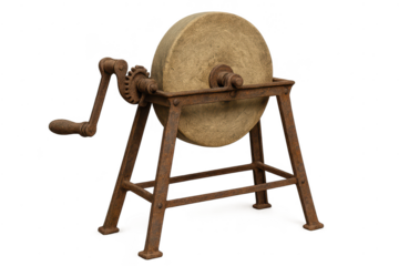 Antique grindstone on transparent background, manual sharpening device