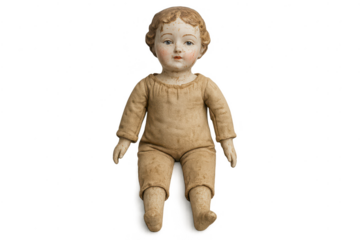 Antique bisque doll portrait sitting with a transparent background.