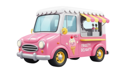 Pink ice cream truck PNG isolated on transparent background, cartoon vehicle with Frosty Delights sign for summer treats and kids design