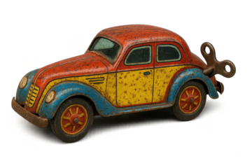 Vintage Toy Car with Wind-Up Key on a transparent background Studio Shot