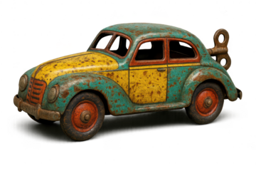 Vintage Toy Car, Windup, Rusty, Yellow and Green on transparent background.
