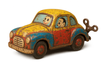 Antique Toy Car with Smiling Faces on transparent background image.