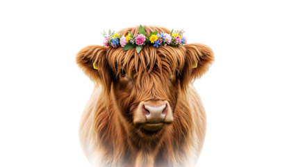 Highland cow wearing a colorful flower crown against black background