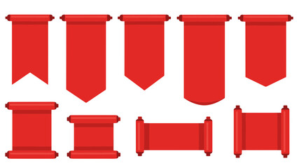 Dynamic collection of blank red vector banners, decorative ribbons, and classic scroll templates, ideal for custom messages, event announcements, and festive graphic design