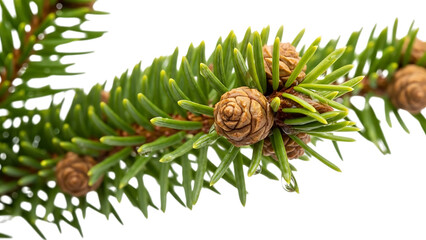 Pine branch with cones and water droplets on black