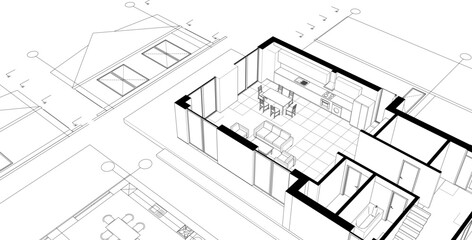 modern house plan sketch 3d illustration