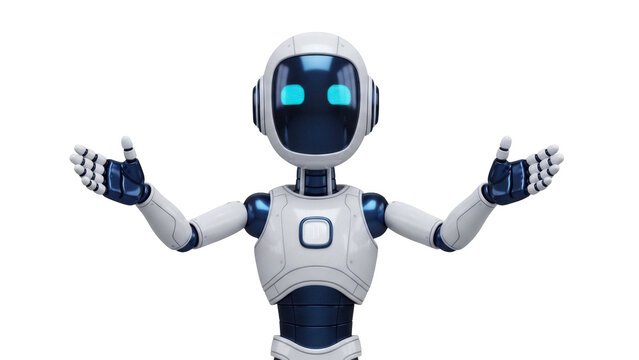 Friendly robot with arms outstretched PNG isolated on transparent background, futuristic android character for technology concepts