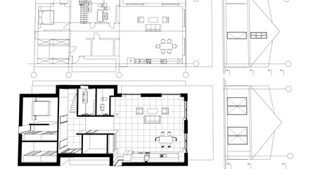 modern house plan sketch 3d illustration