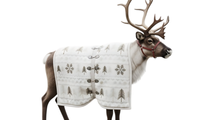 Reindeer wearing a festive winter blanket with trees and snowflakes 1