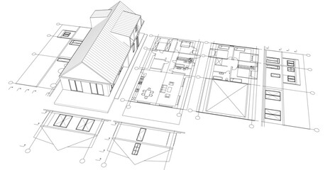 modern house plan sketch 3d illustration