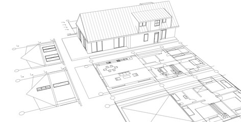 modern house plan sketch 3d illustration