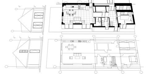 modern house plan sketch 3d illustration