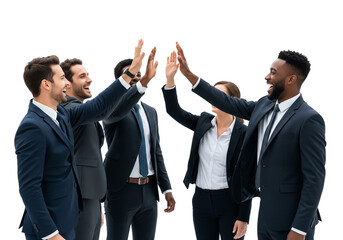 Diverse business team celebrating success in professional attire with high five gesture in bright studio lighting for corporate marketing isolated on white background
