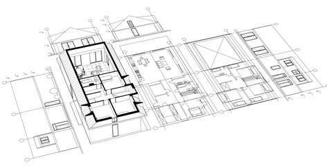 modern house plan sketch 3d illustration