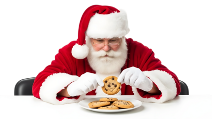 Santa Claus holding a chocolate chip cookie over a plate of cookies