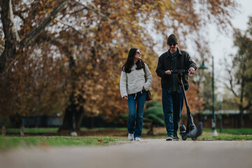 Fototapeta premium Couple walks together in a park during autumn. The man rides a scooter while the woman strolls beside him on a leaf-strewn path.