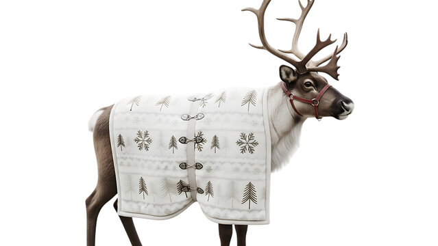 Reindeer wearing a festive winter blanket with trees and snowflakes 1 - Powered by Adobe