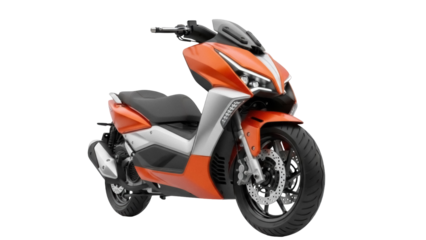 Orange and silver scooter PNG isolated on transparent background, modern motorcycle for urban transportation and personal mobility