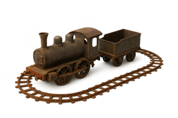 Rusty Steam Engine Train on Track with a transparent background view.