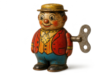 Vintage Clown Wind-Up Toy on a transparent background, Collectible