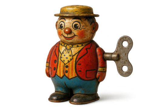 Vintage Clown Wind-Up Toy on a transparent background, Collectible - Powered by Adobe